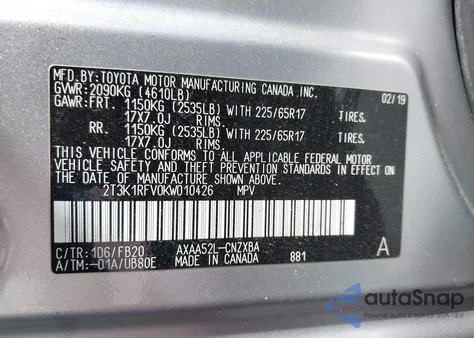 2019 Toyota Rav4 Le z USA, uszkodzony, nr VIN 2T3K1RFV0KW010426